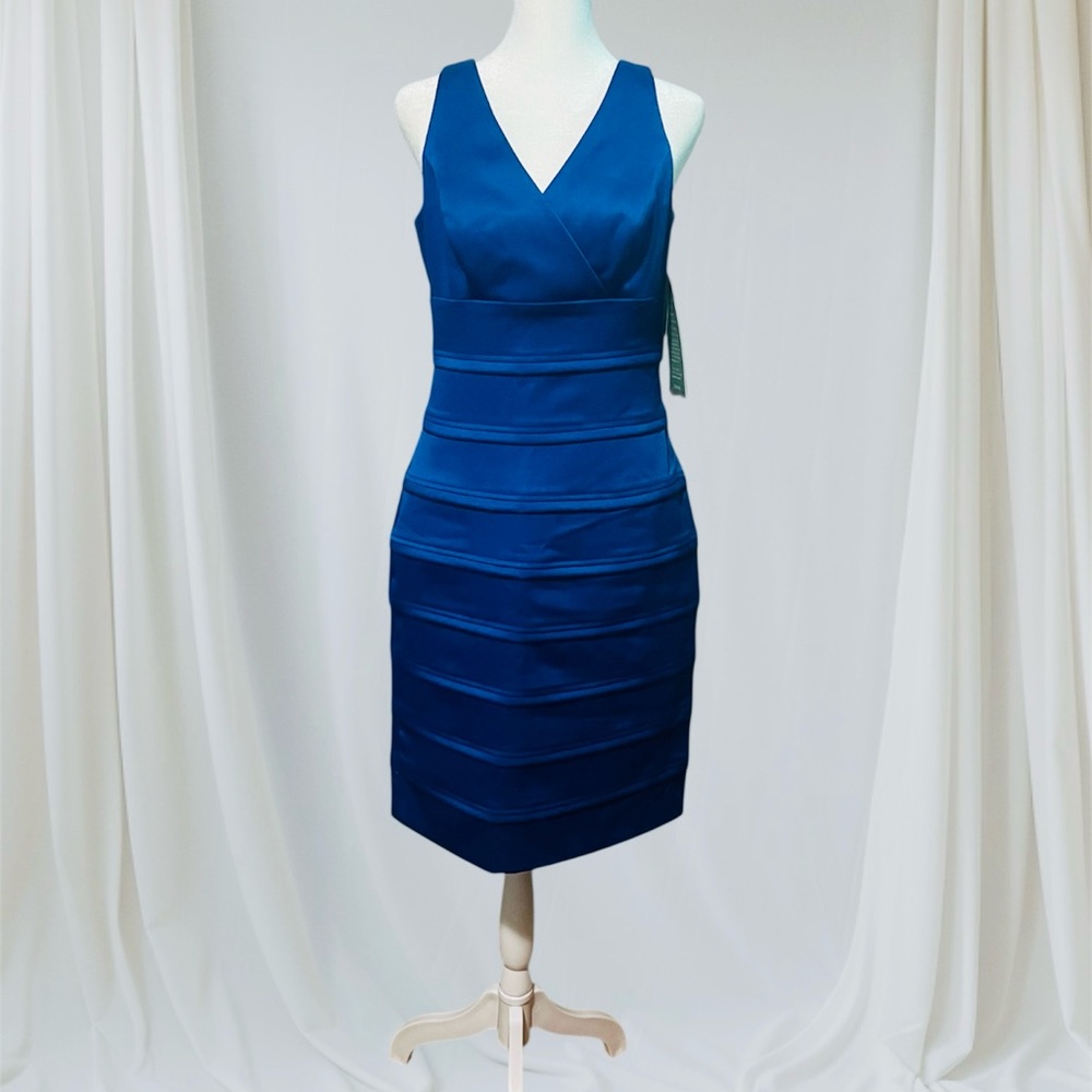 V-Neck Satin Blue Midi Dress